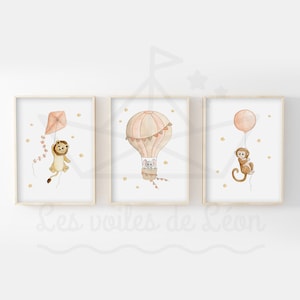 Lote 3 carteles de acuarela de safari bebé A4 (21x29,7cm) O 13x18cm ilustraciones león elefante mono globo cometa globo aerostático decoración infantil