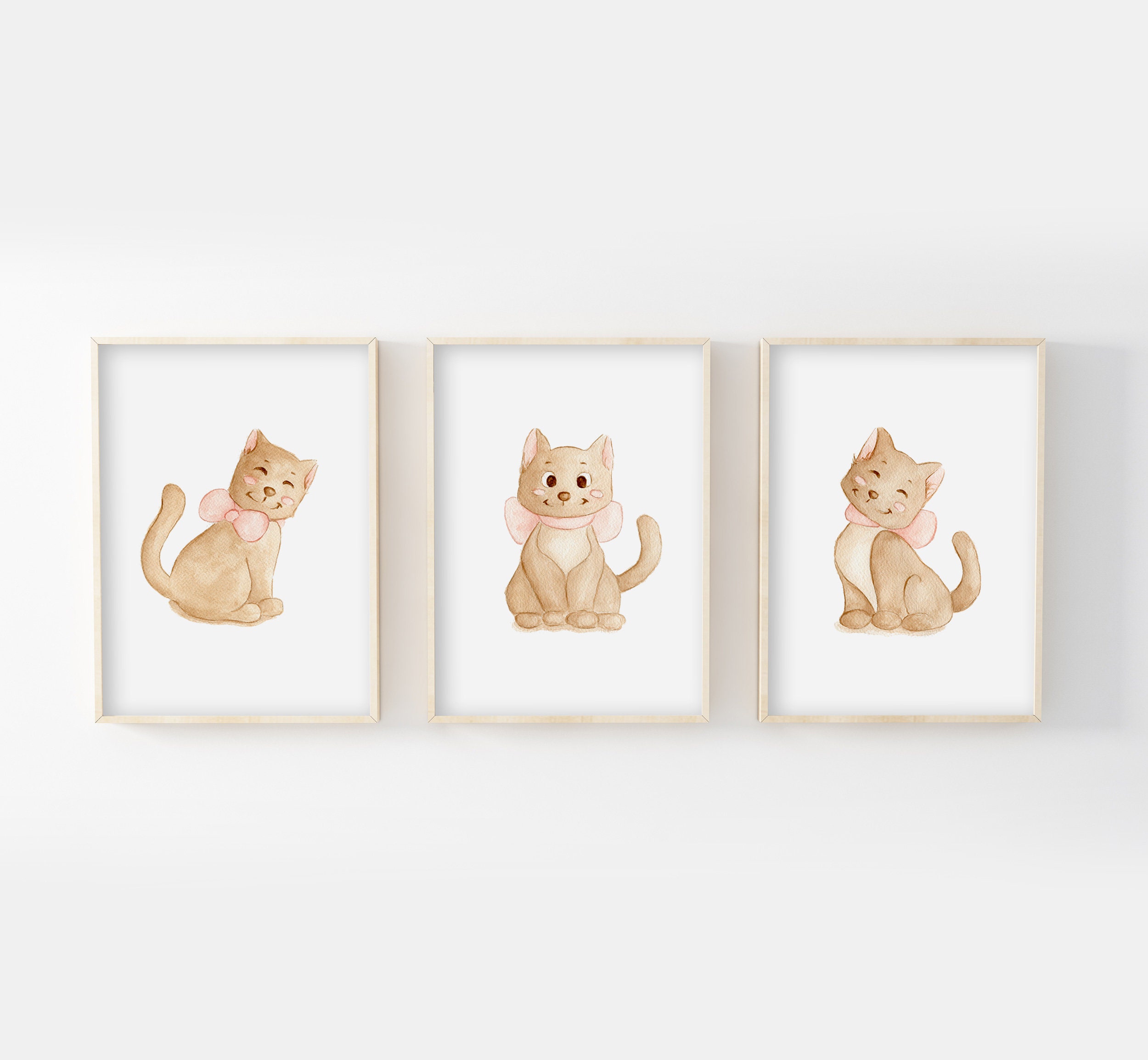 Lot 3 Illustrations Chats 30x40cm, Décoration Murale Chambre Enfant, Affiches Aquarelles Fait Main, 