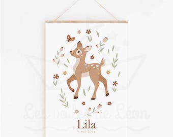 Barnposter, rådjur, barnrumsinredning, skogsdjur, personlig poster med namn, babypresent, bohemiska blommor