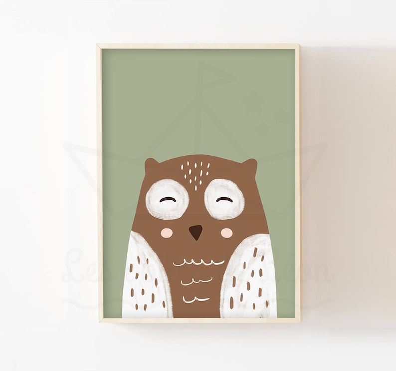 May include: A brown owl with white spots and a white belly with brown wavy lines on a green background.