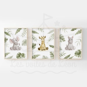 Lot 3 affiches aquarelles safari bébé A4(21x29,7cm) OU 13x18cm posters jungle hippopotame girafe éléphant décoration murale chambre enfant