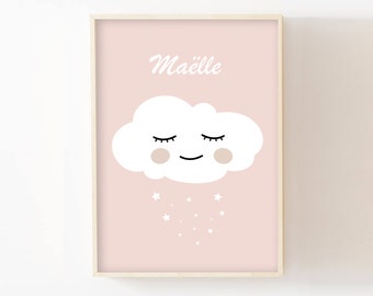 Affiche chambre bébé prénom à personnaliser 30x40 nuage, étoiles, cadeau naissance chambre, bébé fille, poster décoratif pastel