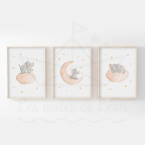 Conjunto de 3 elefantes bebés de acuarela A4 (21x29,7cm) o 13x18cm decoración de pared habitación infantil estrellas nube luna carteles safari selva nacimiento