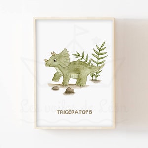 Póster de dinosaurio para niños con nombre A4 (21x29,7cm) o 13x18cm ilustración de acuarela triceratops decoración de pared para dormitorio de niños personalizable