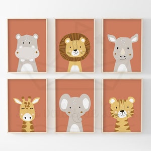 6er Set Safari Poster für Kinder A4 (21x29,7cm) oder 13x18cm Dschungel Babyzimmer Wanddekoration Geschenk Geburt für Mädchen oder Junge neutral gemischt