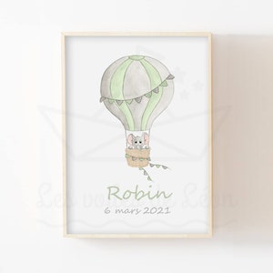 Póster de globo aerostático con elefante bebé, tamaño A4 (21 x 29,7 cm) o 13 x 18 cm, acuarela, animales, cielo, idea de regalo, decoración de pared para habitación de niño