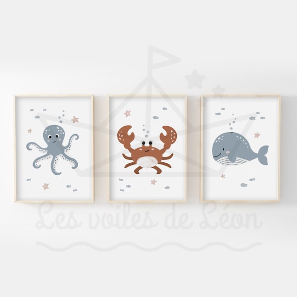 Lot affiches enfant mer A4(21x29,7cm) OU 13x18cm trio baleine crabe pieuvre décoration murale chambre bébé marin