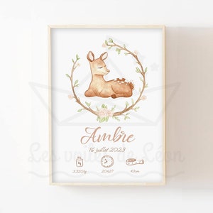 Póster de nacimiento personalizado con diseño de ciervo, decoración de pared, animales del bosque, acuarela, póster de recuerdo para habitación de bebé, cervatillo, nombre, peso, altura y tiempo