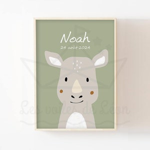 Póster infantil sabana A4 (21x29,7cm) o rinoceronte 13x18cm decoración de pared personalizado nombre animal safari idea regalo bebé nacimiento