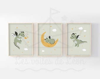 Lot 3 posters enfant dragon 30x40cm étoiles nuage affiches chambre bébé décoration murale féerique idée cadeau naissance