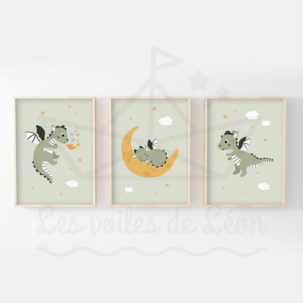 Lot 3 posters enfant dragon 30x40cm étoiles nuage affiches chambre bébé décoration murale féerique idée cadeau naissance