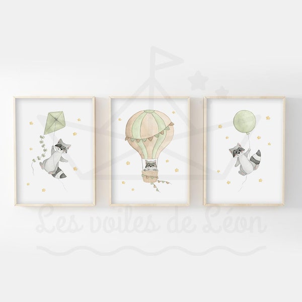 Lot affiches enfant étoiles 30x40cm illustrations aquarelle raton-laveur ballon cerf-volant montgolfière décoration chambre bébé ciel