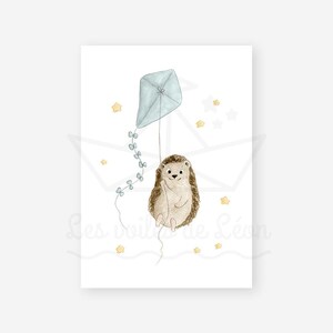 May include: A watercolour illustration of a brown hedgehog holding onto a blue kite with a string of blue bows. The background is white with yellow stars.