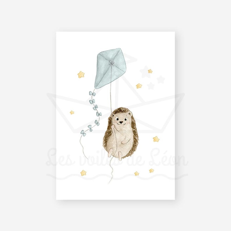 May include: A watercolour illustration of a brown hedgehog holding onto a blue kite with a string of blue bows. The background is white with yellow stars.