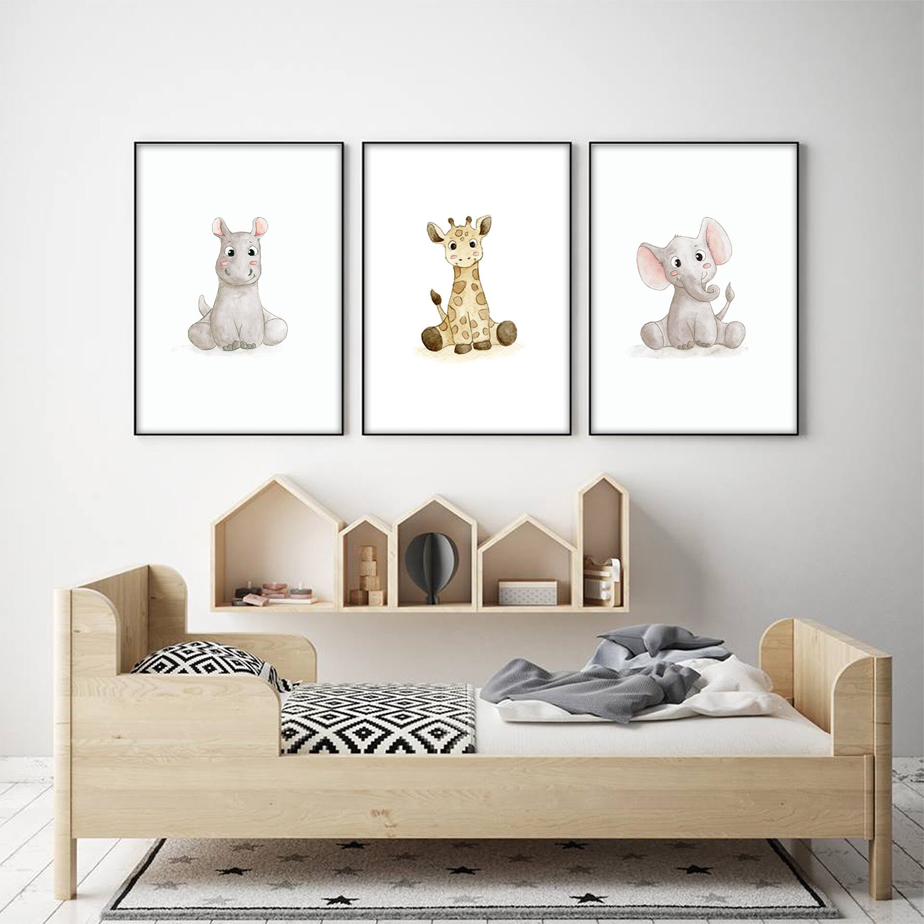 Aquarelles Chambre Bébé A4/13x18, Animaux Savane Hippopotame, Girafe, Éléphant, Posters Enfant, Déco