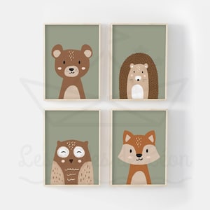 4er Set Baby Wald Poster 30x40cm Bär Igel Fuchs Eule Wanddeko Kinderzimmer Waldtier Poster Geschenk Geburt