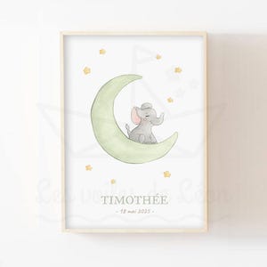 Póster de bebé elefante A4 (21 x 29,7 cm) o 13 x 18 cm ilustración de acuarela luna estrellas cielo nacimiento regalo decoración de pared animales sabana