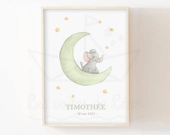 Elefantenbaby-Poster, Aquarellillustration, Mond, Sterne, Himmel, Geburtsgeschenk, Wanddekoration, Savannentiere