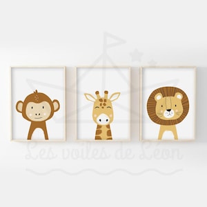 3er Set Safari Poster für Kinder 30x40cm Löwe Giraffe Affe Wanddeko Babyzimmer Savanne Tierposter Geschenkidee Geburt