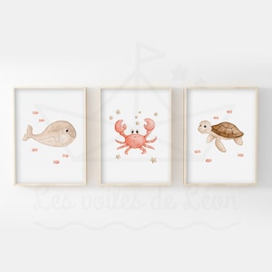 Acuarelas bebé mar 30x40cm decoración de pared niño marinero ilustraciones tortuga cangrejo ballena carteles nacimiento idea regalo beige terracota