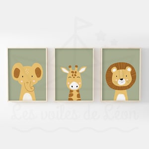 Lote de 3 pósters infantiles 30x40 colección safari, león, jirafa, elefante, regalo de nacimiento, decoración de pared de habitación de bebé, póster de animales