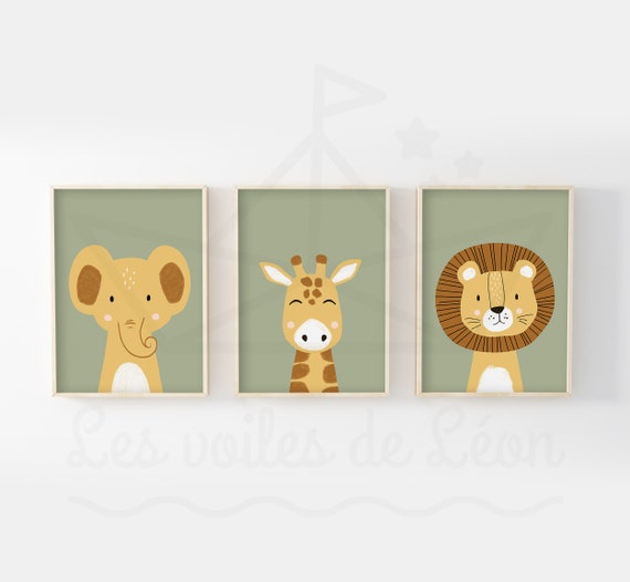 Lot 3 affiches enfant 30x40cm collection safari, lion, girafe
