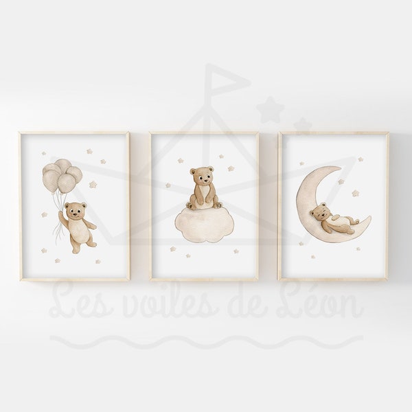 Lot 3 affiches oursons ciel 30x40cm décoration murale chambre bébé animaux forêt illustrations aquarelles étoiles poster enfant