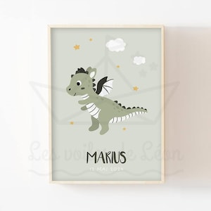 Póster de bebé dragón A4 (21 x 29,7 cm) o 13 x 18 cm, decoración de habitación infantil, idea de regalo de nacimiento de caballero, animales, hadas, estrellas, nubes