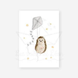 May include: A watercolour illustration of a brown hedgehog holding onto a grey kite with a white string. The hedgehog is flying through the air with yellow stars scattered around it.