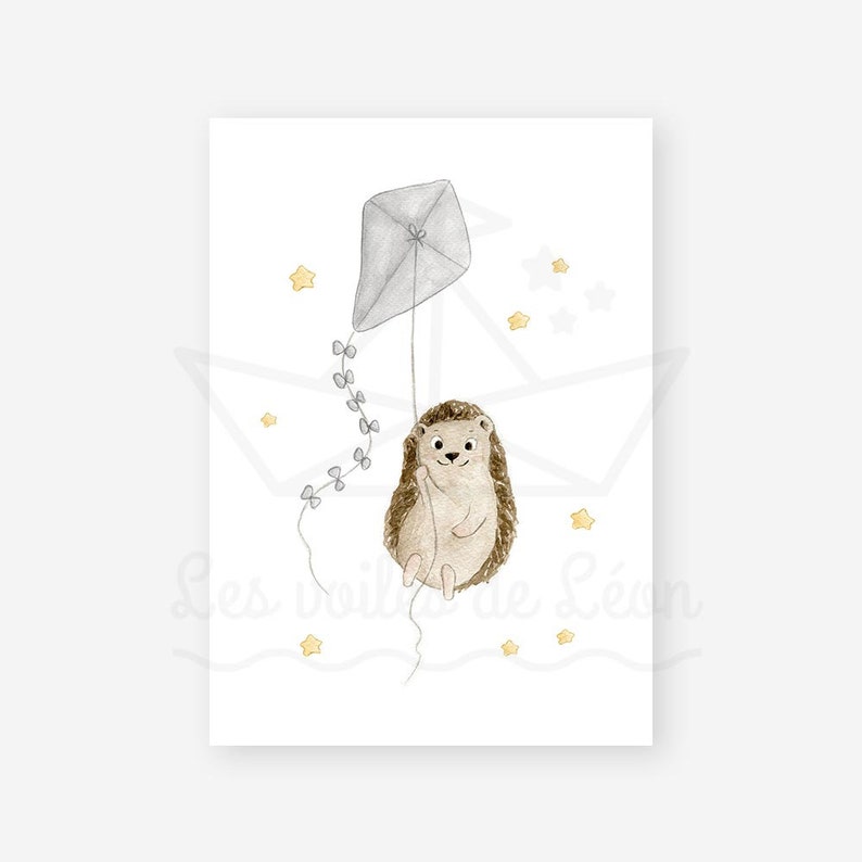 May include: A watercolour illustration of a brown hedgehog holding onto a grey kite with a white string. The hedgehog is flying through the air with yellow stars scattered around it.