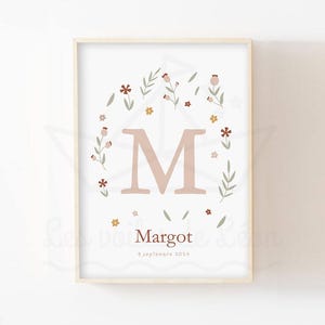 Póster inicial personalizado para bebé, 30 x 40 cm, decoración de habitación de niña con flores rosas, arte de pared boho chic, impresión de flores, nombre de nacimiento