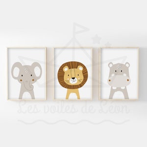 Lote de 3 carteles infantiles 30x40cm colección safari león elefante hipopótamo decoración de pared habitación bebé carteles animales regalo de nacimiento