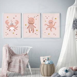 Juego de 3 pósteres infantiles del océano A4 (21x29,7 cm) O 13x18 cm trío cangrejo medusa pulpo decoración de pared habitación bebé mar idea regalo nacimiento
