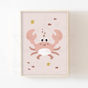 Póster de cangrejo A4 (21x29,7 cm) o 13x18 cm decoración de la habitación de los niños estrella de mar pez bebé regalo de nacimiento cartel animales mar océano