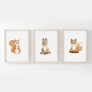 Babyzimmer-Illustrationen 30x40cm, Aquarelle Eichhörnchen, Reh, Fuchs, Wandposter für Kinder, Poster mit Waldtieren