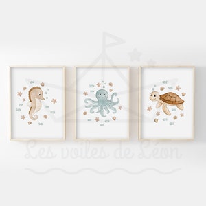 Set de 3 acuarelas de mar para bebés 30x40cm decoración de pared ilustraciones de habitación infantil caballito de mar pulpo tortuga carteles de animales del océano