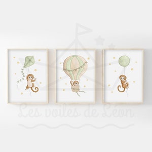 3er Set Aquarell-Illustrationen Affenhimmel A4 (21x29,7cm) ODER 13x18cm Safari Ballon Drachen Heißluftballon Wanddeko Babyzimmer
