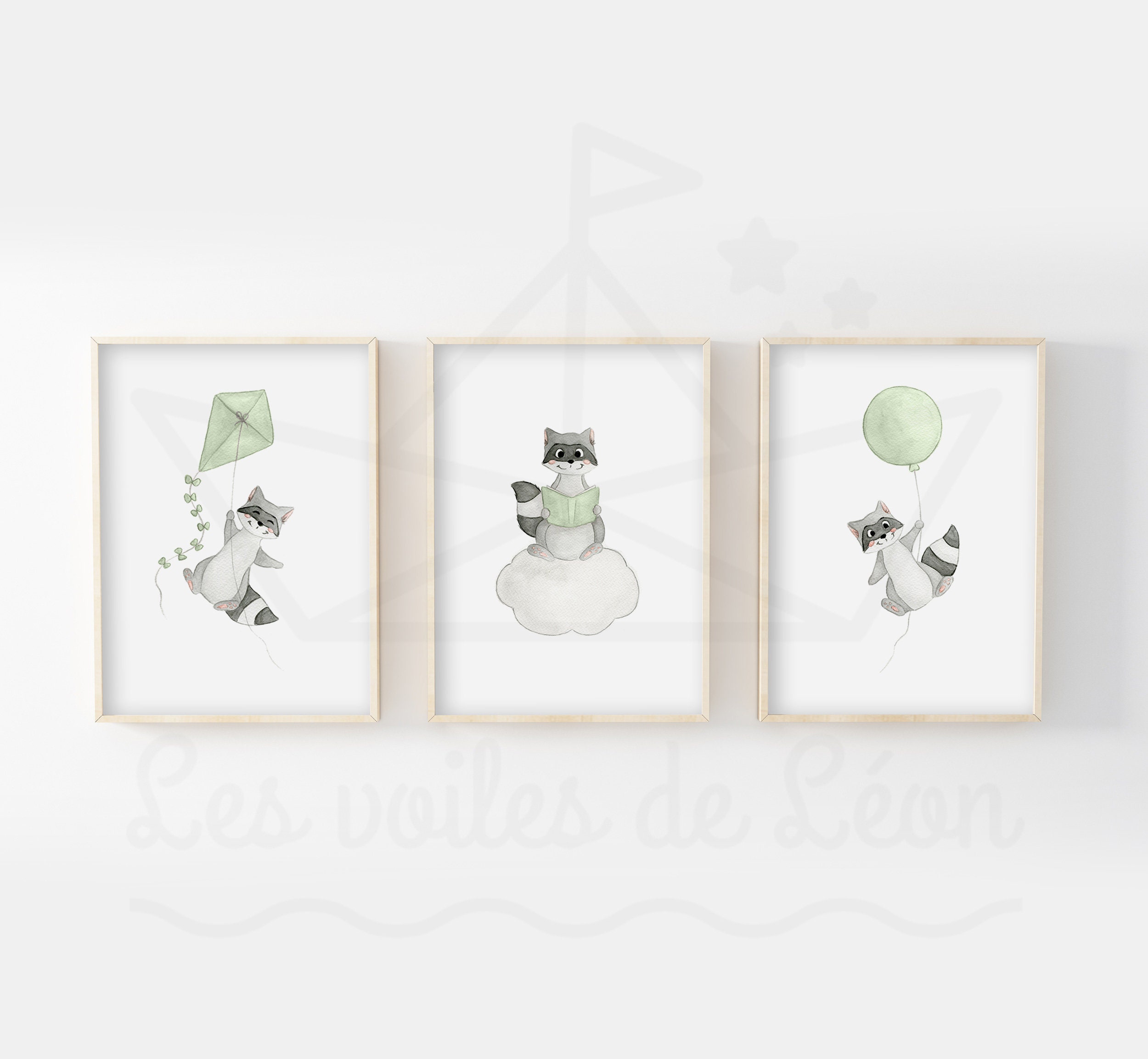 Lot Affiches Aquarelle Enfant A4/13x18cm, Illustrations Raton-Laveur Ballon, Cerf-Volant, Livre, Déc