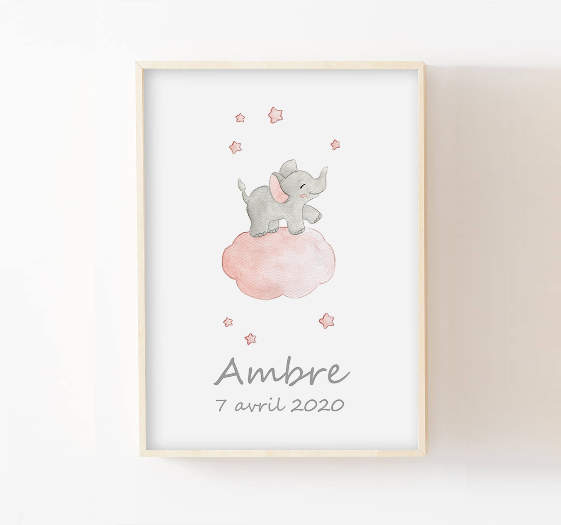 Décoration Enfant, A4/13x18, Illustration Aquarelle Éléphant sur Nuage, Cadeau Naissance Bébé, Poste