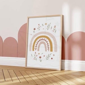 Póster de arcoíris floral personalizado para bebé, tamaño A4 (21 x 29,7 cm) o 13 x 18 cm, decoración de habitación de niña, nombre de pila, arte de pared bohemio, flores, nacimiento