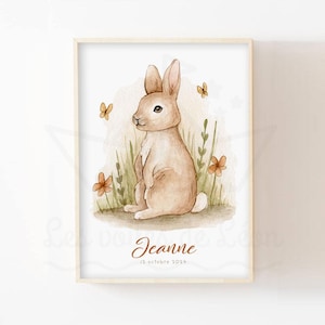 Póster con el nombre del bebé conejo tamaño A4 (21 x 29,7 cm) o póster de pared con ilustración de animales del bosque de 13 x 18 cm para habitación infantil, regalo de nacimiento para niñas y niños