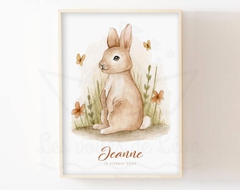 Babynaamposter, konijnenillustratie, bosdieren, muurposter, babykamerdecoratie voor meisjes en jongens, geboortecadeau