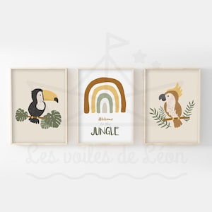 Juego de 3 pósters infantiles de jungla, 30 x 40 cm, tucán, arcoíris, loro, decoración de pared, habitación de bebé, safari, regalo de nacimiento