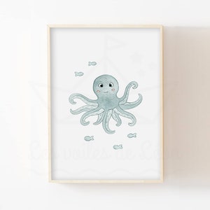 Póster de pulpo marino A4 (21x29,7 cm) o 13x18 cm, decoración de pared de acuarela, póster de habitación de bebé, idea de regalo de nacimiento de animales marinos