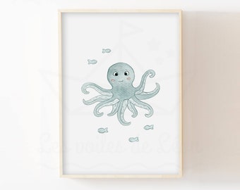 Affiche pieuvre mer A4(21x29,7cm) ou 13x18cm décoration murale aquarelle  chambre bébé poster animaux marin idée cadeau naissance