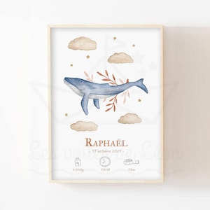 Cartel de nacimiento de ballena nombre A4 (21x29.7cm) O 13x18cm ilustración acuarela animal decoración de la pared del mar habitación del bebé marinero cielo