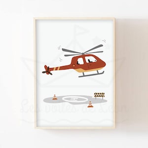 Póster de helicóptero bombero para niños A4 (21x29,7 cm) O 13x18 cm cartel de decoración de pared para bebé niño vehículo de rescate idea de regalo de nacimiento