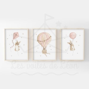 Juego de 3 pósteres de conejo bebé A4 (21 x 29,7 cm) O 13 x 18 cm, decoración de pared para habitación infantil, pósteres de acuarela, animales, cielo, idea de regalo de nacimiento