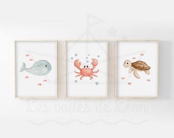 Aquarelles chambre bébé A4/13x18cm, décoration murale enfant mer, illustrations tortue, crabe, baleine, posters animaux, cadeau naissance