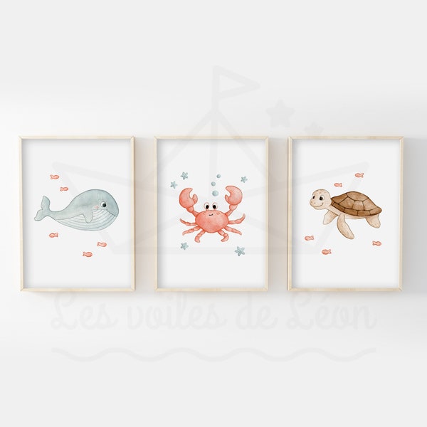 Aquarelles chambre bébé A4/13x18cm, décoration murale enfant mer, illustrations tortue, crabe, baleine, posters animaux, cadeau naissance